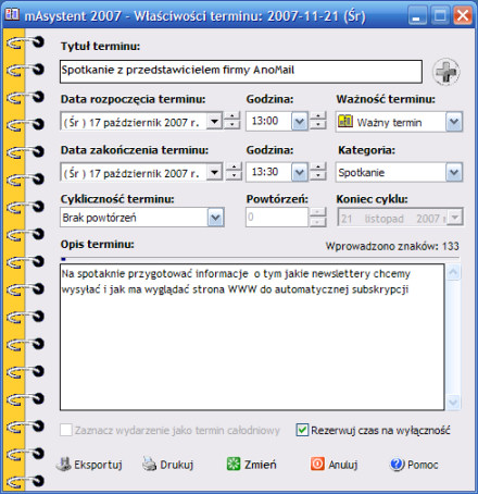 Edycja terminu w programie mAsystent